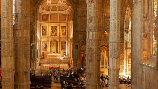 Telephoto interior shot of the Manueline Hieronymites Monastery, Mosteiro dos Jeronimos, in Lisbon, Portugal. It is a UNESCO World Heritage Site and was completed in 1601.