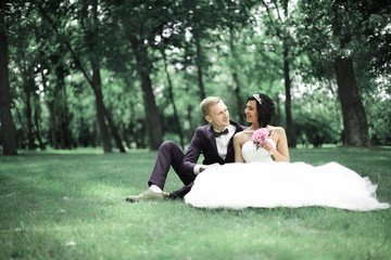 happy groom and bride sitting in a clearing in the city pair