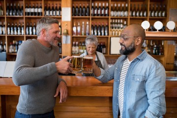 Friends toasting glass of beer at counter in restaurant
