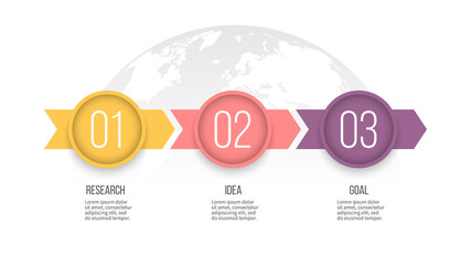 Business process. Timeline infographics with 3 steps, options, arrows. Vector template.