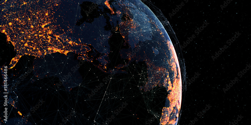 Poster Global International Connectivity Background/Connection lines Around Earth Globe, Futuristic Technology Theme Background with Light Effect