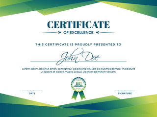 Certificate of appreciation award template with green shapes and badge.