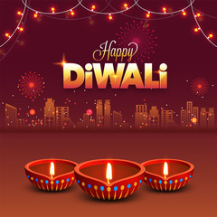 Diwali (Indian festival of lights) night background with illuminated litlamps, and decorating lights, Urban city background.