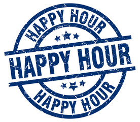 happy hour blue round grunge stamp