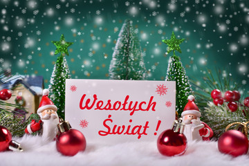 Fototapeta na wymiar christmas greeting card with red text Merry Christmas in polish