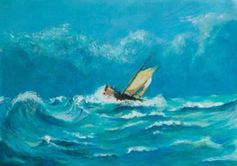 Original oil painting of lonely little sailing ship battling in a storm on the ocean