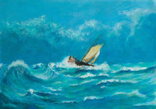 Original oil painting of lonely little sailing ship battling in a storm on the ocean