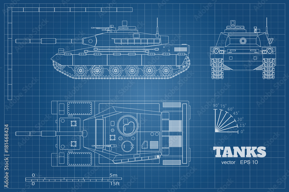 Wall mural Blueprint of realistic tank. Top, front and side view. Detailed armored car. Industrial drawing. War vehicle in outline style