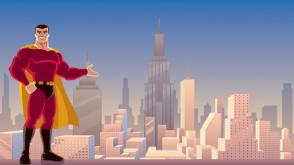Superhero Presenting in City / Illustration of smiling superhero presenting your text or product with cityscape as background.  © Malchev