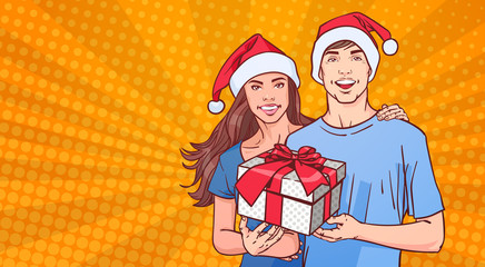 Couple Wearing Santa Hats Hold Gift Happy Man And Woman On Comin Poster Pin Up Background Winter Holidays Concept Vector Illustration