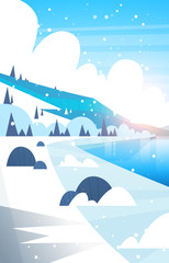 Winter Landscape Frozen River And Mountain Hills Falling Snow Flat Vector Illustration