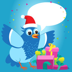 Nice Talking With You. Merry Christmas Card With Cartoon Blue Bird Vector. Christmas Presents Gift Vector. Bird With Christmas Hat.
