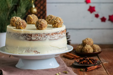 Homemade fruity Hummingbird cake with spices and pecan nuts, Rustic syle.