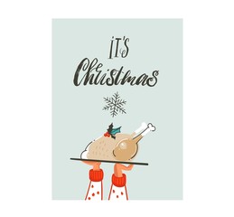 Hand drawn vector abstract fun Merry Christmas time cartoon card with cute illustration of Christmas turkey family dinner and modern calligraphy Its Christmas isolated on white background