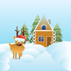 Obraz na płótnie Canvas Reindeer In Santa Hat Near Gingerbread House Covered With Snow Winter Holidays Concept Flat Vector Illustration