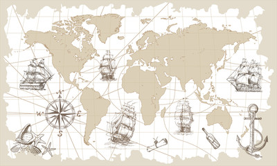 Hand drawn vector world map with compass, anchor and sailing ships in vintage style. Perfect for textiles, wallpaper and prints