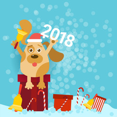 2018 New Year Poster With Dog Holding Bell And Wearing Santa Hat Sit On Gifts Vector Illustration