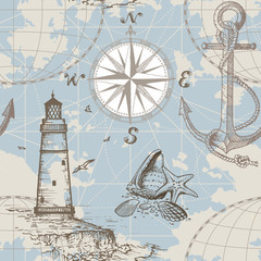 Hand drawn vector seamless sea map with compass, lighthouse, anchor and seashells. Perfect for textiles, wallpaper and prints.