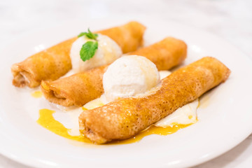pancake roll with vanilla ice-cream