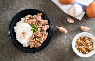 stir-fried pork with garlic on topped rice with egg