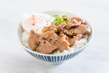 stir-fried pork with garlic on topped rice with egg