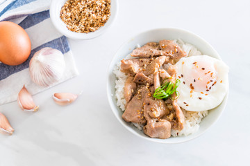 stir-fried pork with garlic on topped rice with egg
