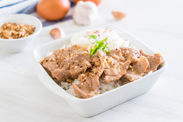 stir-fried pork with garlic on topped rice with egg