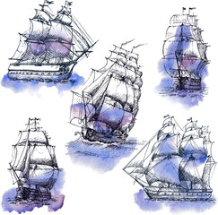 Hand drawn vector set of vintage sailing ships in the sea. Watercolor sketch. © Regina Bilan