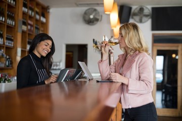 Waitress standing at counter while woman having glass of wine