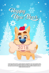 Dog In Santa Hat Holding Bone With 2018 Sign Over Winter Forest Happy New Year Greeting Card Design Flat Vector Illustration