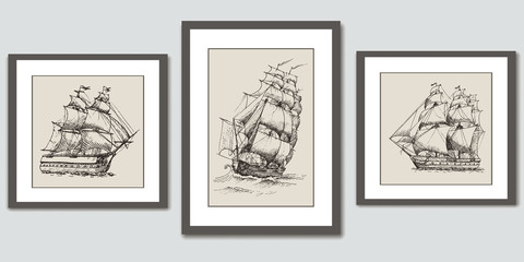 Frames on wall. Vector hand drawn sketches of sailing ships