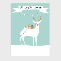 Cute Christmas greeting card, invitation with reindeer and gift boxes. Hand drawn design. Vector illustration background.