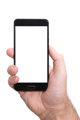 right hand of male person holding smartphone with empty screen isolated on white template