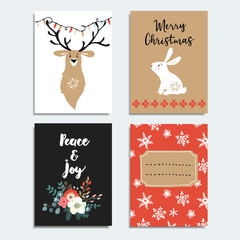Set of hand drawn Christmas greeting cards, invitations with bunny, deer, snowflakes and winter flowers. Isolated vector illustration objects.