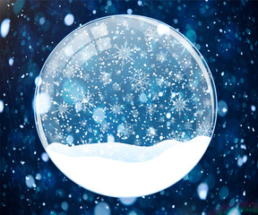 Snow globe on blue background with bokeh