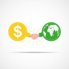 Symbol of handshake between dollar signs and globe map. Vector illustration.
