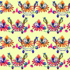Hummingbird sitting on pink flower, , seamless pattern design, hand painted watercolor illustration, yellow background
