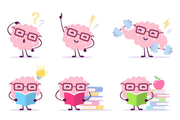 Enjoyable education brain cartoon concept. Vector set of illustration of pink color happy brain with glasses on white background with pile of books, light bulb, dumbbells.
