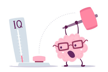 Vector illustration of pink color human brain with glasses hits with a hammer to measure level iq on white background. - obrazy, fototapety, plakaty