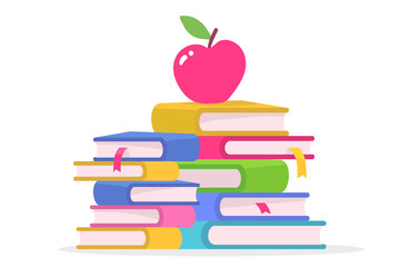 Vector colorful illustration of stack of books with red apple isolated on white background.