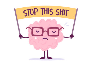 Vector illustration of pink color human brain with glasses holds the banner on white background. Strike cartoon brain concept.