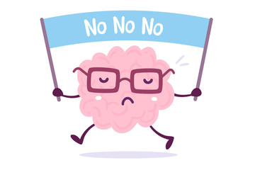 Objection cartoon brain concept. Vector illustration of pink color human brain with glasses holds the banner on white background.