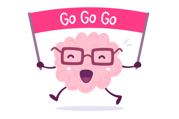 Inspiring cartoon brain concept. Vector illustration of pink color human brain with glasses holds the motivating banner on white background.