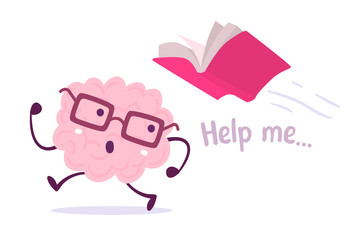 Vector illustration of pink color brain with glasses running away from a red book flying behind on white background.