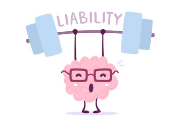 Vector illustration of pink color smile brain with glasses very hard lifts weights on white background. Train liability of cartoon brain concept.