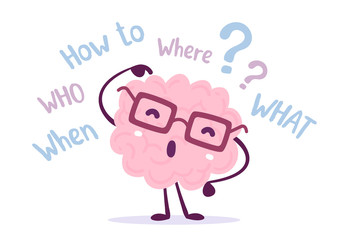 Vector illustration of pink color human brain with glasses thinks over the question on white background. Seeking answer cartoon brain concept.