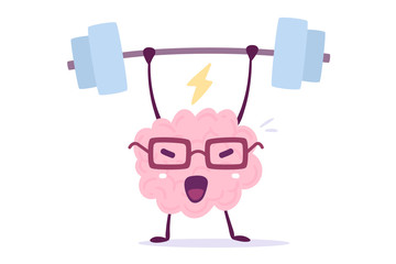 Vector illustration of pink color smile brain with glasses lifts weights on white background. Very strong cartoon brain concept.