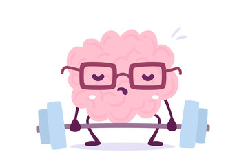 Vector illustration of pink color smile brain with glasses try to lift weights on white background. Train of cartoon brain concept. Doodle style.