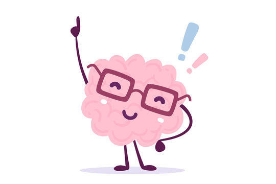 Vector illustration of pink color human brain with glasses invented something on white background. Founding the answer cartoon brain concept.