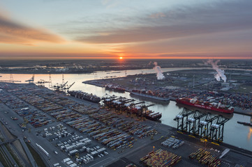 MSC terminal at Deurganckdock Antwerp port at sunrise